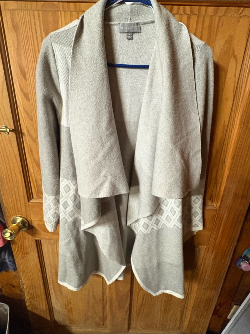 Avenue Taupe Open-Front Draped Cardigan with Geometric Hem